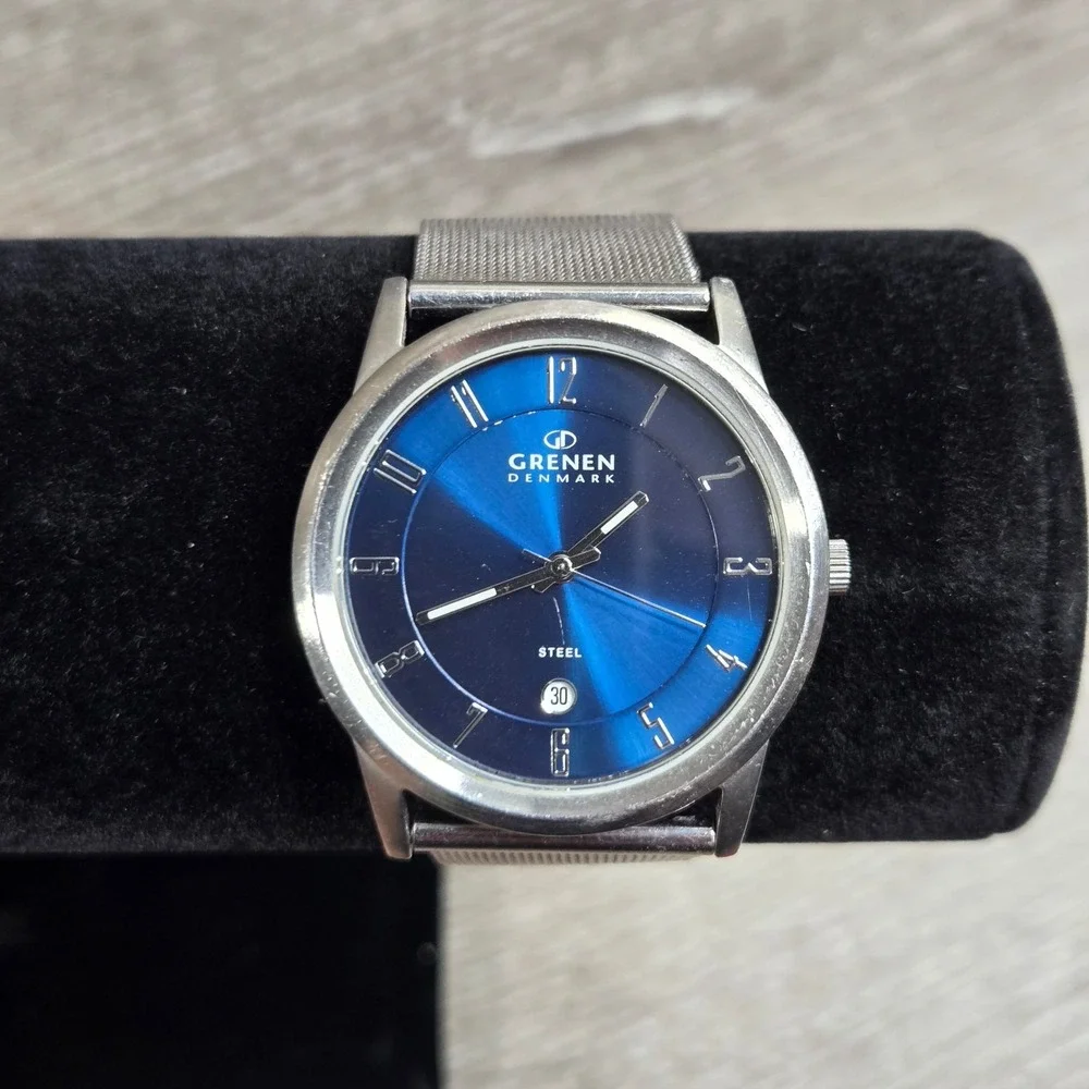 Grenen Denmark Watch Stainless Steel Blue Dial Mesh Band Date Mens M-24XLSSN Gif